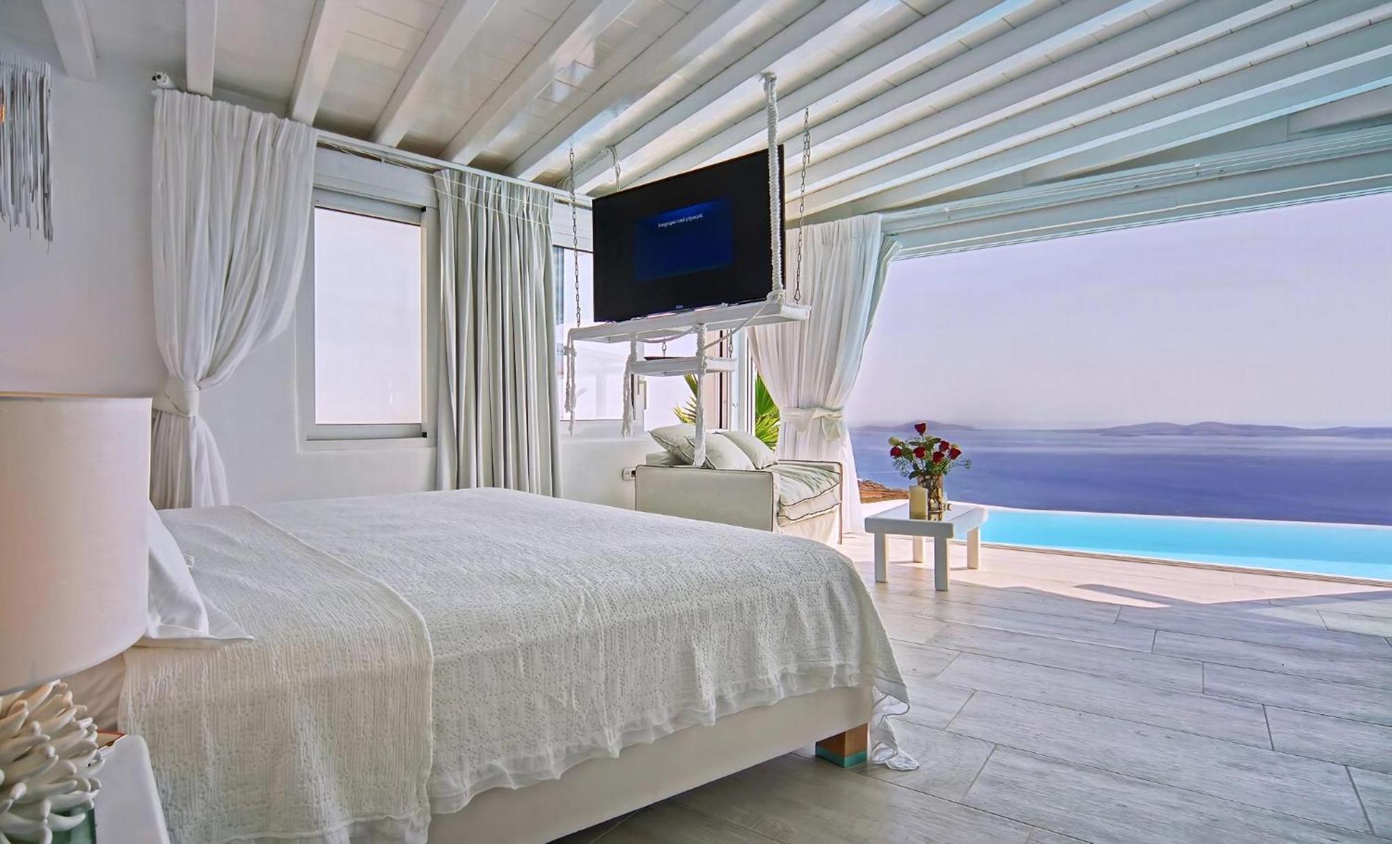 Villa Exquisite Mykonos Cielo 2 Bedroom Private Pool And Outdoor Jacuzzi Panoramic Sea And Sunset View Gym Helipad Tennis Court ,